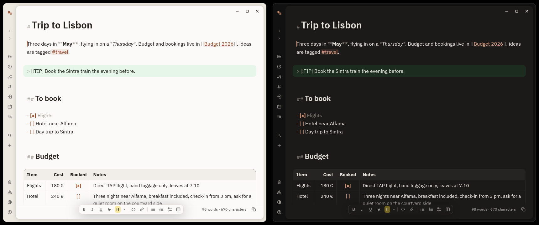 Bref showing the same note in the light and dark themes